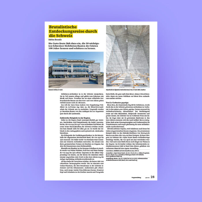 Brutalistische Entdeckungsreise durch die Schweiz: Carte Brute Feature, Programmzeitung Basel, 2021. Explore more on Heartbrut.com