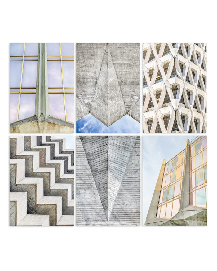 Brutalist Beauties 2, set of 6 postcards A6 feat. Masonry Hall, La Tulipe, Welbeck Street Car Park, Autosilo Balestra I © Heartbrut / Karin Hunter Bürki