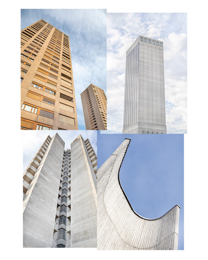 The Zurich Set, Set of 4 postcards, Hardau, Triemli Tower, Swissmill Tower, Aula Rämibühl, © Heartbrut. Explore more on Heartbrut.com