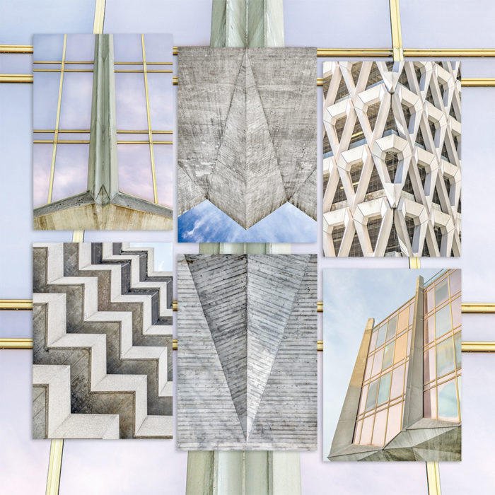 Brutalist Beauties 2, set of 6 postcards A6 feat. Masonry Hall, La Tulipe, Welbeck Street Car Park, Autosilo Balestra I © Heartbrut / Karin Hunter Bürki