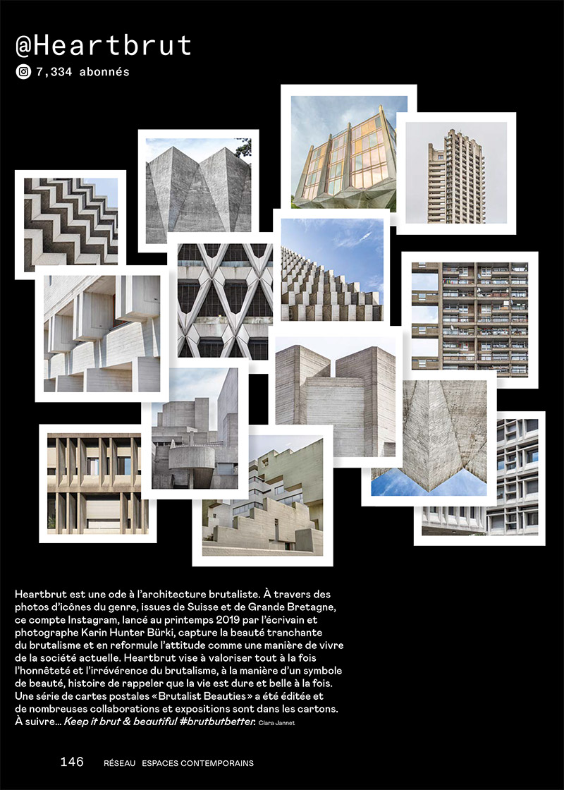 HEARTBRUT feature in 'Espace Contemporains' print issue 12/10, feat. Masonry Hall, National Theatre, Trellick Tower, Autosilo Balestra, La Tulipe, Welbeck Street Car Park and other brutalist beauties