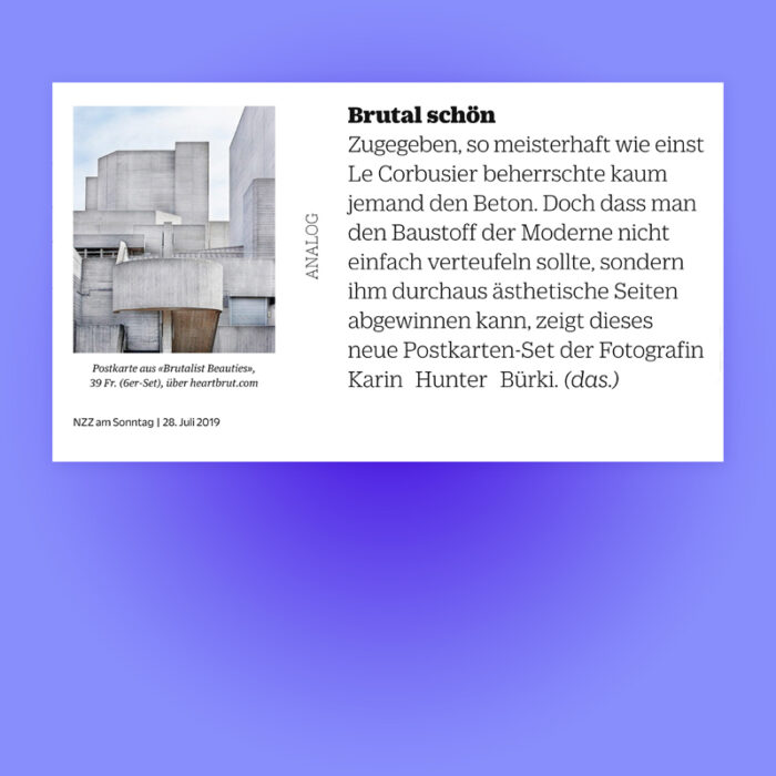 Brutal Schön, Feature in NZZ am Sonntag Stil Magazin, 2019. Explore more on Heartbrut.com