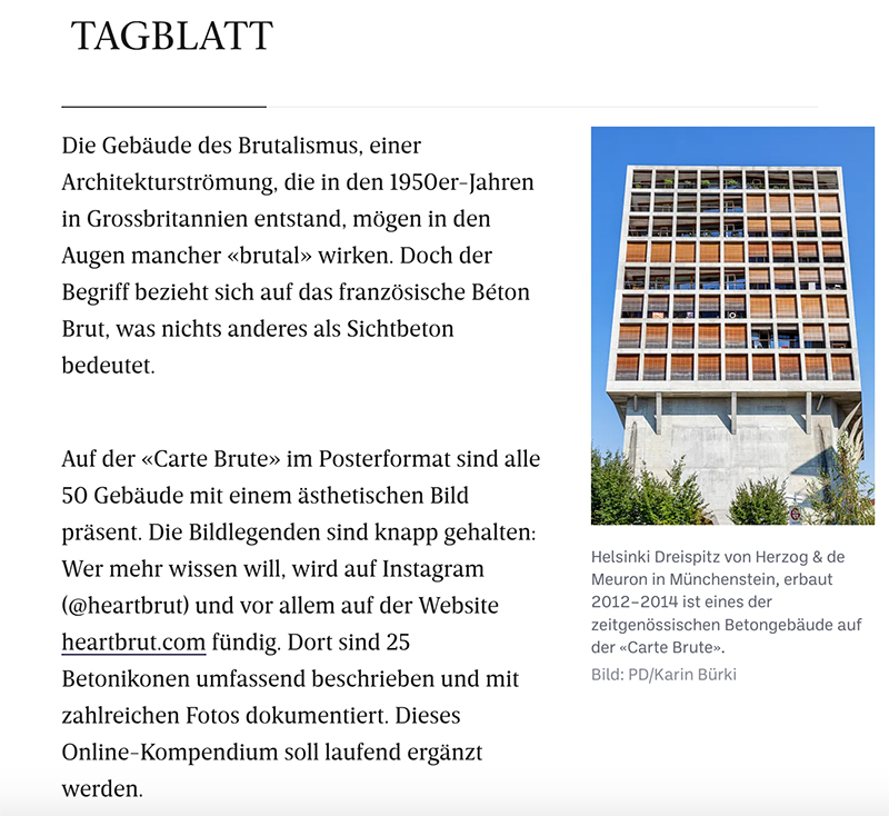 Carte Brute, Press Clipping, Tagblatt, Swiss Brutalism, Schweizer Brutalismus, Ostschweiz I Karin Bürki / Heartbrut.com, 2021
