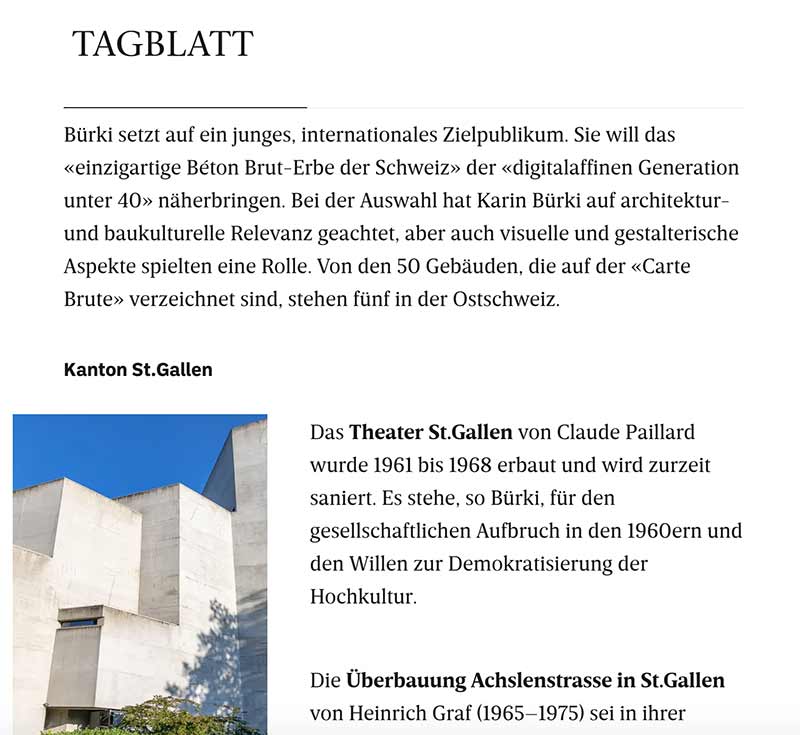 Carte Brute, Press Clipping, Tagblatt, Swiss Brutalism, Schweizer Brutalismus, Ostschweiz I © Karin Bürki / Heartbrut.com, 2021