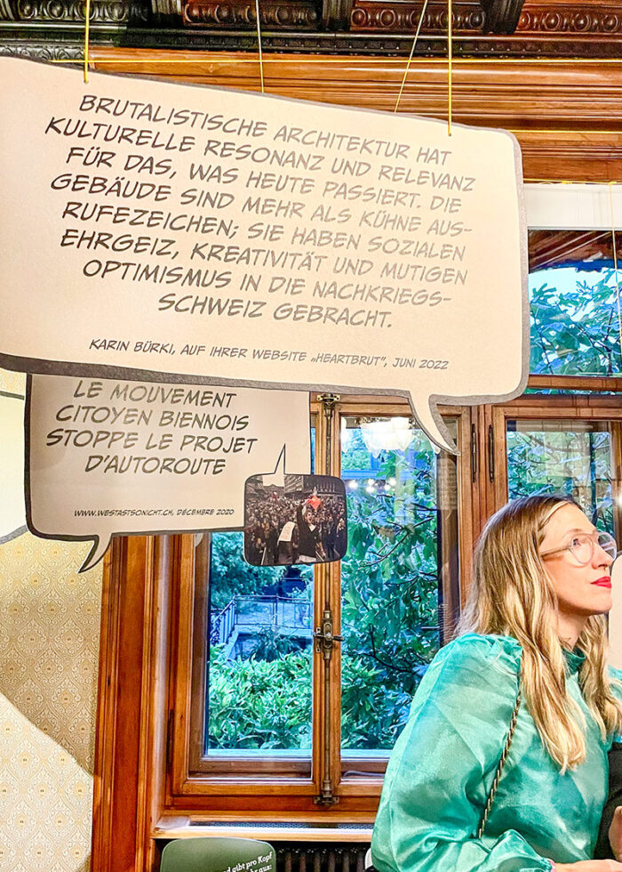 Brutalism-quote by Karin Bürki. "Bijou oder Bausünde"-Exhibition, Heimatschutzzentrum at Villa Patumbah. Explore more on Heartbrut.com