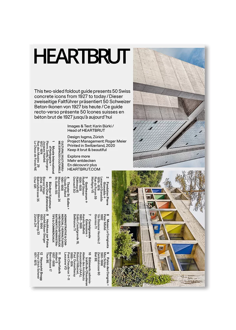 Carte Brute, 50 brutalist icons in Switzerland from 1927 to today, folded map and poster, © Karin Bürki/Heartbrut. Shop on Heartbrut.com