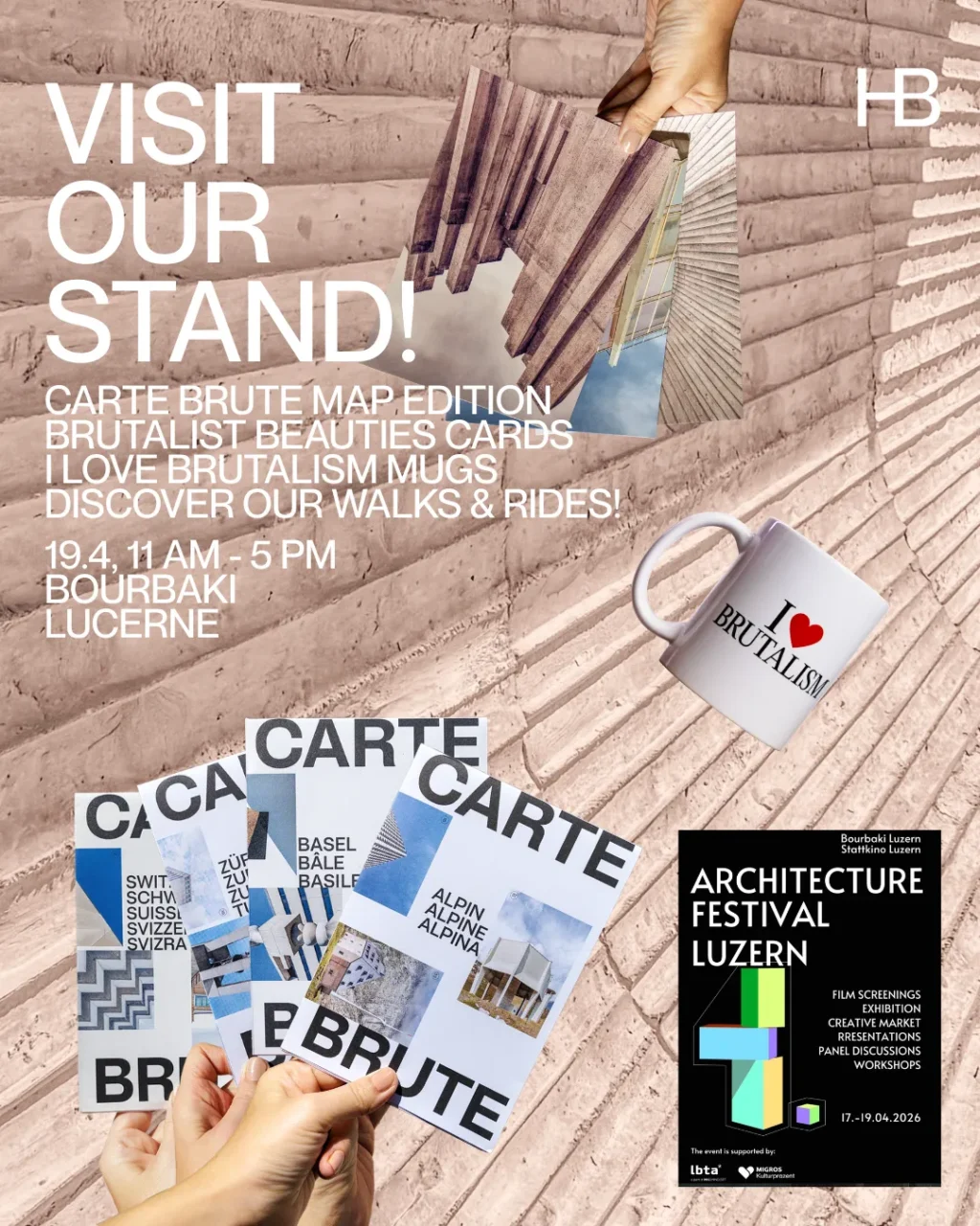 Let's make brutalism unhateable! Visit our stand at Architecture Festival Luzern, Bourbaki, Lucerne