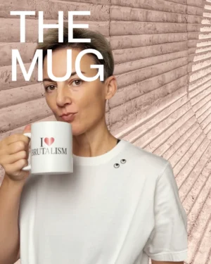 I Love Brutalism Mug, modelled by Karin Bürki. Shop on Heartbrut.com